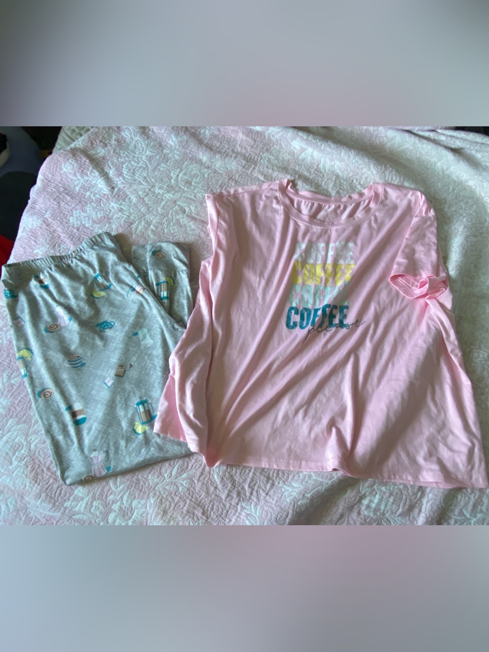 Pink "Coffee" Graphic Teey and Gray Coffee-Print Pajama Shorts Set